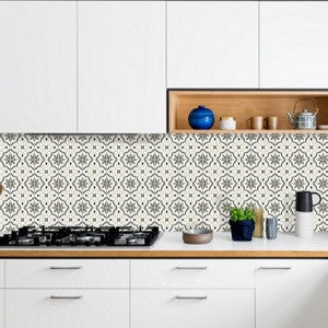 Grayscale Cement Tile Pattern for Kitchen Backsplash Keeps Clean Look