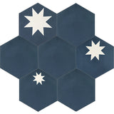 Avente Mission Star Melange and Plain Navy 8" Hexagon Cement Tile Grouping
