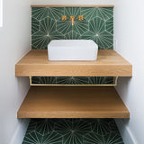 Bathroom Lavatory Installation using Avente Tile Bakery Hexagon in Vert Fonce (Dark Green) and White