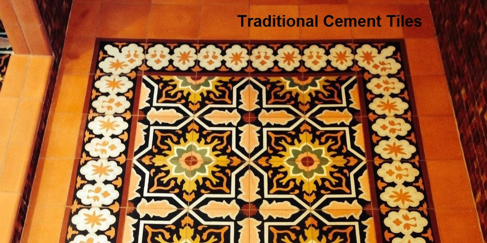 A tile rug using one of Avente's traditional cement tile pattern and border
