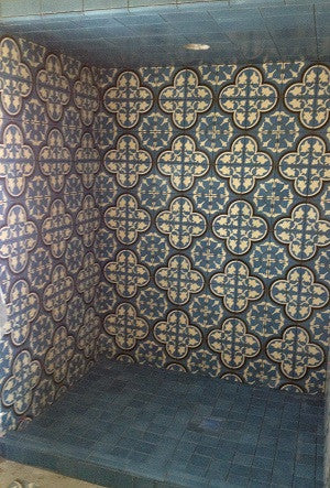 Cement Tile in Cool Blue with Bold Pattern Make a Splash in Bathroom