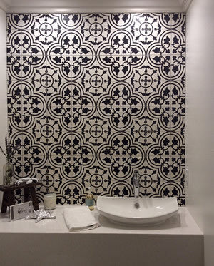 Cement Tile Backsplash Creates Elegant Powder Room Backdrop