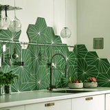 Kitchen Backsplash Installation using Avente Tile Bakery Hexagon in Vert Fonce (Dark Green) and White