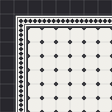 The rug concept uses Mission Ritz Classic Border, Octagon Pattern Classic field, and plain black fill. The border corner is created from a field-cut border tile.